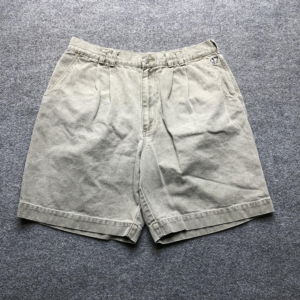 Vintage Big Dogs Shorts Mens 36 Beige Chino Dog Logo Pleated Relaxed 9 Inseam